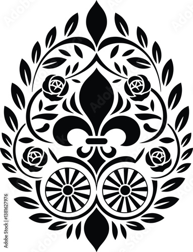 Ornate fleur-de-lis design, black and white illustration
