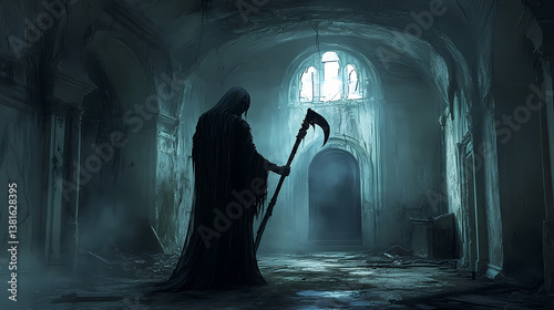 Grim reaper figure in dark robe holding scythe in eerie ancient hall. Hollowed Fate. Illustration