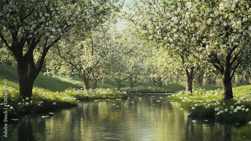 Tranquil riverside orchard showcasing fruit trees adorned with delicate white blossoms