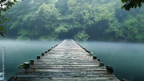 A wooden pier extends into a tranquil lake shrouded in mist and heavy rainfall.