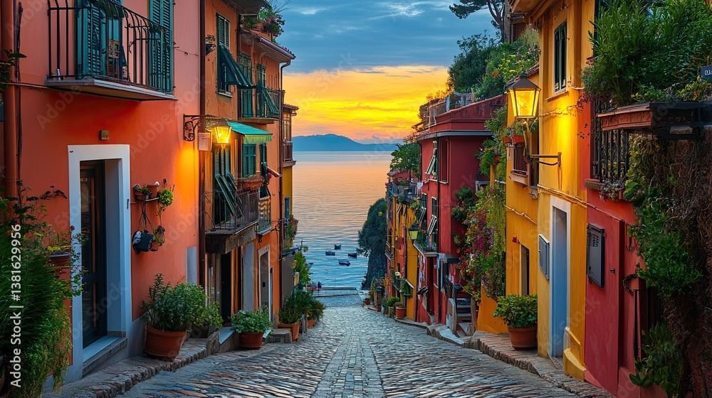 Fototapeta premium Picturesque European Street with Colorful Buildings and Stunning Sea View at Sunset Hour 