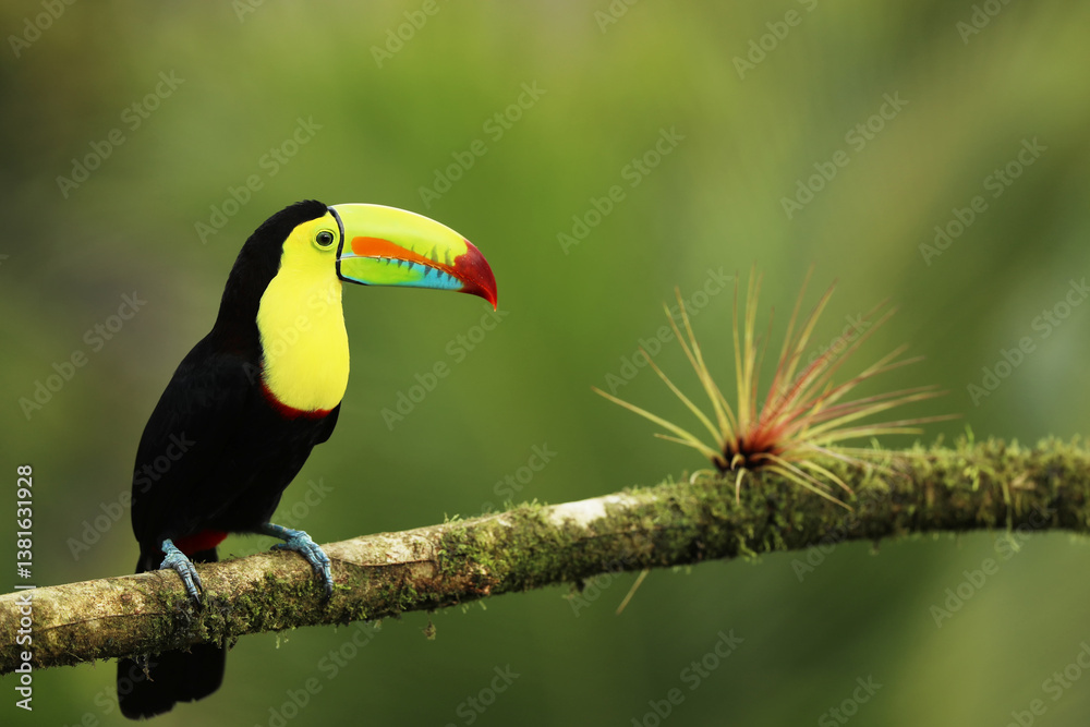 Keel-billed Toucan, Ramphastos sulfuratus, sitting on the branch in the rainforest, green vegetation, Costa Rica.