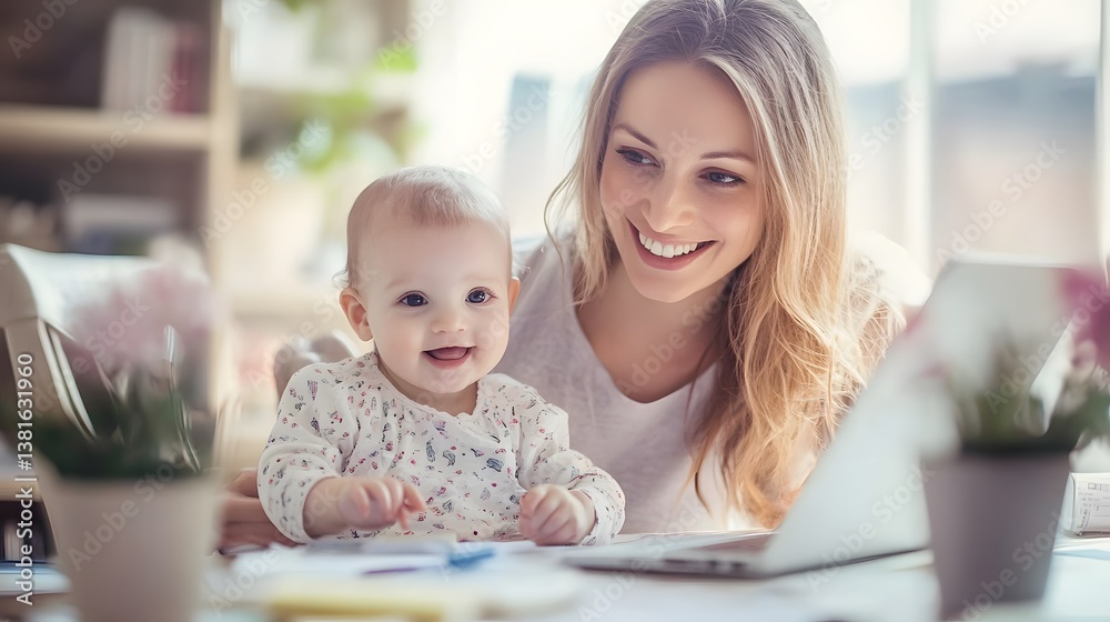 A smiling mother works at her computer while holding her baby. The background is bright and airy with soft, natural light. A smiling mother works at her computer while holding her baby. The background is bright and airy with soft, natural light.