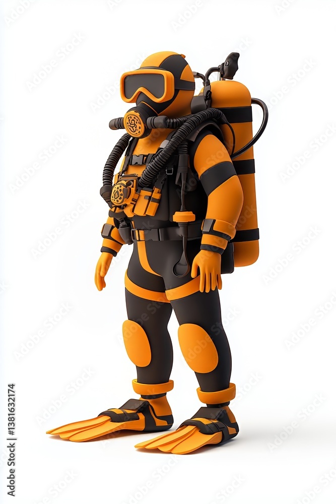 3d illustration presents a diver in an orange and black diving suit, complete with an oxygen tank, mask, and flippers, ready for underwater exploration 3d illustration presents a diver in an orange and black diving suit, complete with an oxygen tank, mask, and flippers, ready for underwater exploration