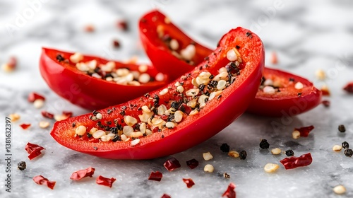 Several bright red chili pepper halves garnished with spices lay on a surface