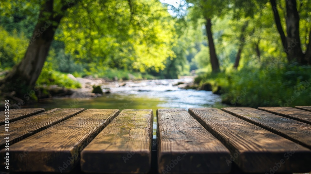 Rustic wooden table with a peaceful river flowing in the background, surrounded by lush green trees generative ai Rustic wooden table with a peaceful river flowing in the background, surrounded by lush green trees generative ai
