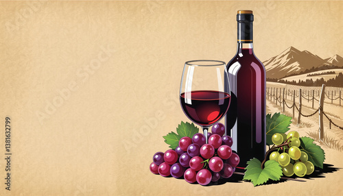 Crafted greeting card with red wine bottle and glass, red and white grape clusters against vineyard background, rustic style with copy space
