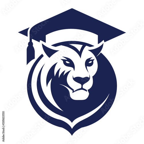 Education Logo Vector Illustration, Fierce Lion with Graduation Cap Design.
