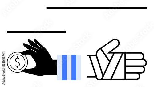 Black hand holding coin symbolizing value and economy adjacent to a thumbs-up gesture expressing approval. Ideal for finance, savings, reward, success, motivation, appreciation, business. Flat simple