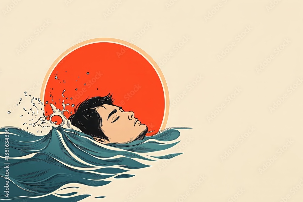 Minimalist flat illustration depicting a young man floating peacefully in calm water, eyes closed, with waves splashing around him and a large sunset in the background Minimalist flat illustration depicting a young man floating peacefully in calm water, eyes closed, with waves splashing around him and a large sunset in the background