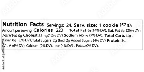 FDA Standard nutrition facts table format,resizable,adjustable,Linear,Nutrition Facts label template for food and beverages, daily values of calories, fat, carbohydrates, sugar, and vitamins , USA
