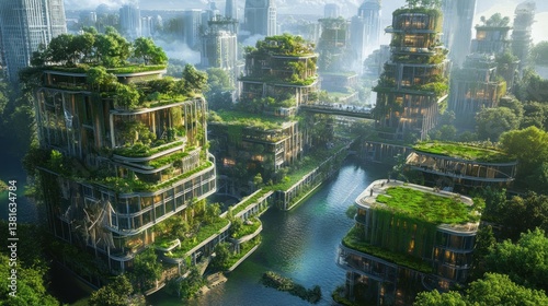Futuristic eco-city landscape with buildings integrated with nature and green rooftops