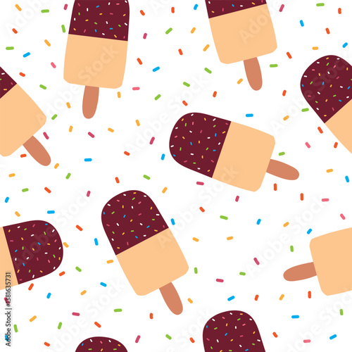 Seamless pattern with ice cream and sprinkles. Summer vector illustration on white background.