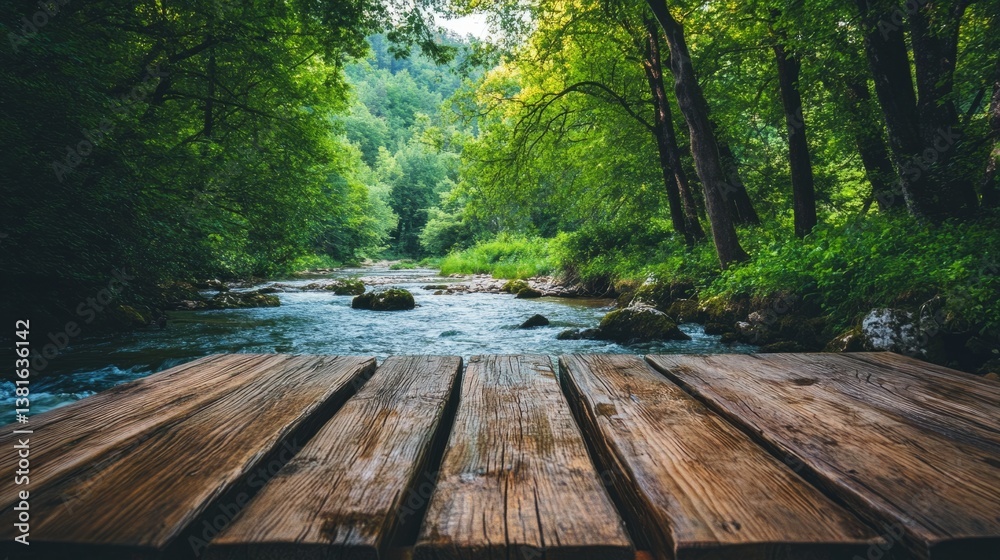 Rustic wooden table with a peaceful river flowing in the background, surrounded by lush green trees generative ai Rustic wooden table with a peaceful river flowing in the background, surrounded by lush green trees generative ai