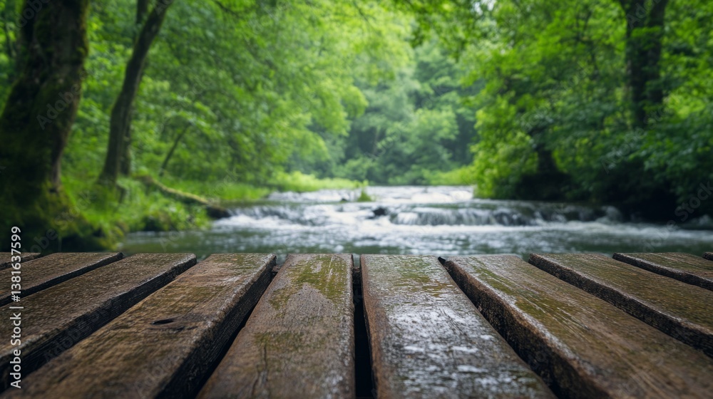 Rustic wooden table with a peaceful river flowing in the background, surrounded by lush green trees generative ai Rustic wooden table with a peaceful river flowing in the background, surrounded by lush green trees generative ai