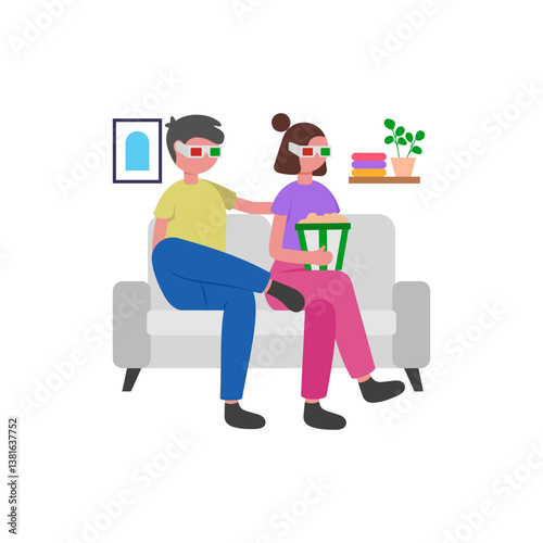 Romantic Couple Movie Night Flat Vector Illustration