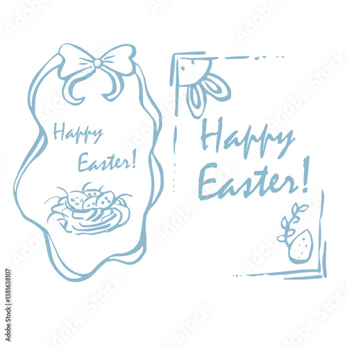 Easter set frames of cute cards or posters in style doodle. Hand drawn whimsical frames with bows and ribbons, rabbit, eggs. Vector template for holiday.
