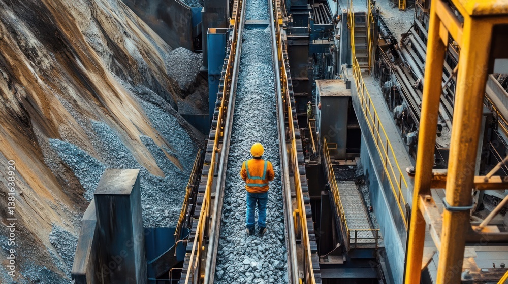 Industrial conveyor belt system monitored by a worker in a mining facility