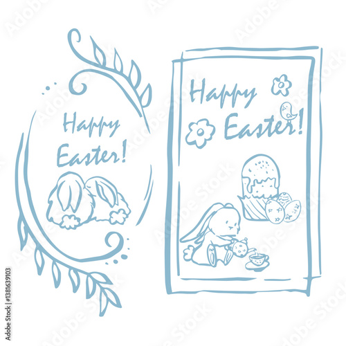 Easter set frames of cute cards or posters in style doodle. Hand drawn whimsical frames with bows and ribbons, rabbit, eggs. Vector template for holiday.