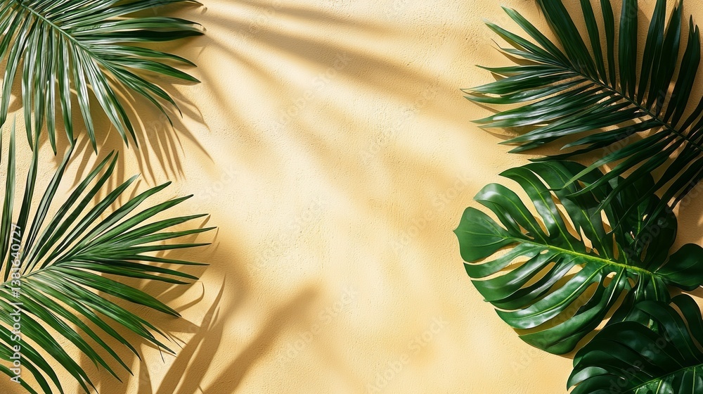 In a serene tropical backdrop, lush green leaves elegantly stretch out against a soft yellow wall, their shadows creating a soothing play of light and color In a serene tropical backdrop, lush green leaves elegantly stretch out against a soft yellow wall, their shadows creating a soothing play of light and color