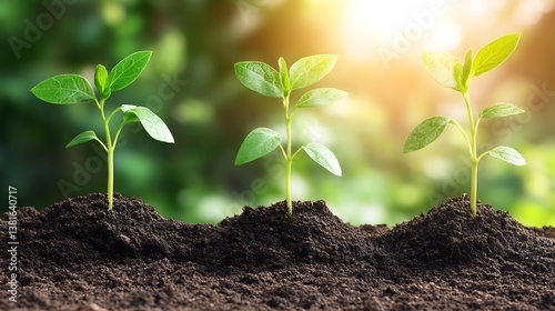 Three young plants growing from the dark rich soil in sunlight