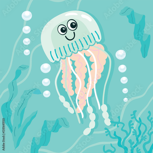 Cute jellyfish swimming surrounded by algae. Cartoon underwater animal character with eyes and smile. Ocean's Day card with marine wildlife. Vector design for use in banner, cover, print. 

