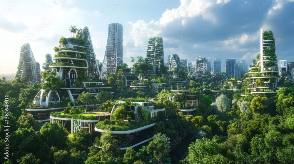 Futuristic eco-city skyline blending modern architecture with lush greenery and innovative sustainable design