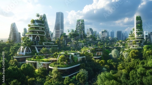 Obraz na płótnie Futuristic eco-city skyline blending modern architecture with lush greenery and innovative sustainable design w salonie