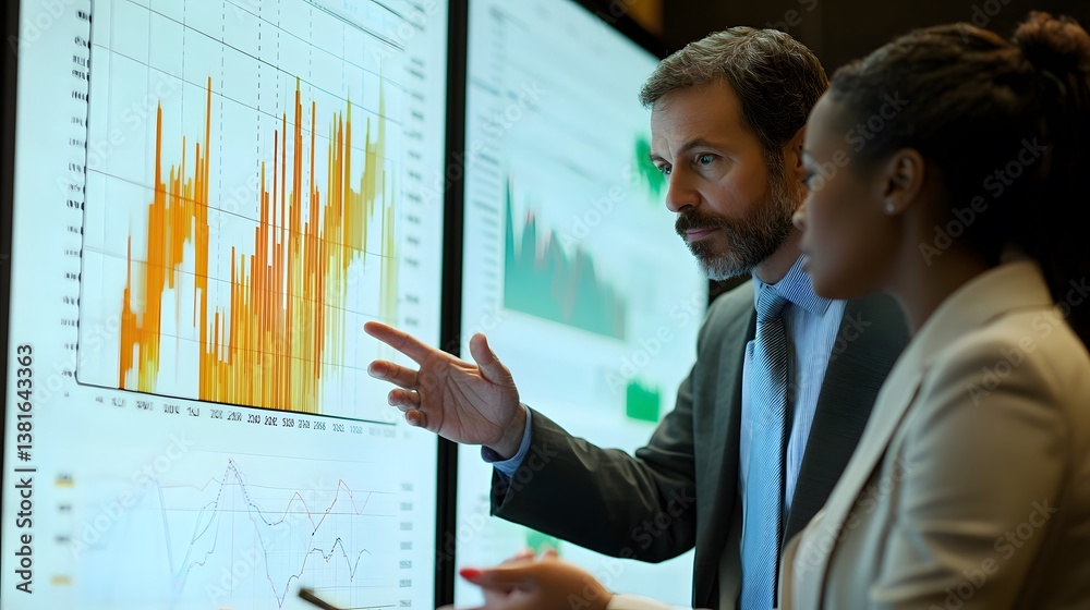 Business professionals analyze data on large screens, discussing charts and graphs in a collaborative workplace environment. Business professionals analyze data on large screens, discussing charts and graphs in a collaborative workplace environment.