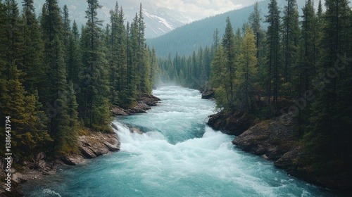 Turquoise river rushes through the lush forested valley in the mountains