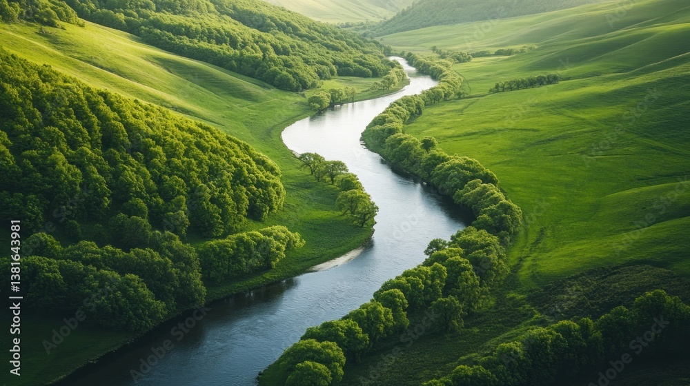 Winding River Flowing Through Lush Green Hills on a Sunny Day Tranquil Scene
