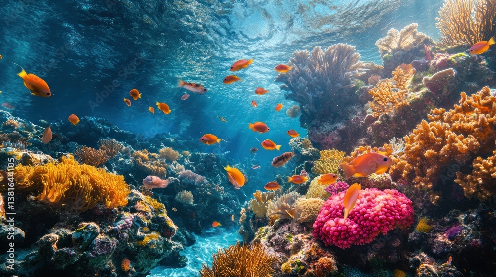 Underwater splendor: A thriving coral reef ecosystem teeming with vibrant marine life