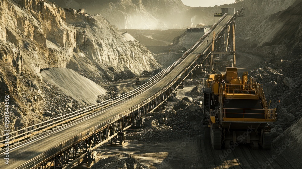 Industrial Conveyor System Stretching Across Rugged Mining Landscape at Sunrise