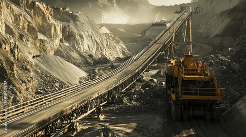 Obraz na płótnie Industrial Conveyor System Stretching Across Rugged Mining Landscape at Sunrise w salonie