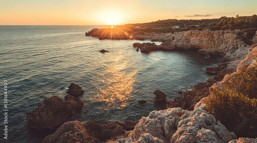 Sunlit coastline: A serene sunset over a rocky Mediterranean shore creates beauty