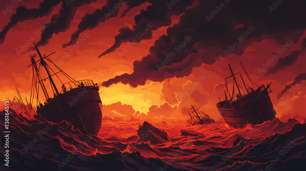 Obraz premium Shipwrecks drifting amid turbulent waves, dark thunderclouds looming over fiery sunset sky, depicting maritime catastrophe and emotional desolation. Wrecked Time. Illustration