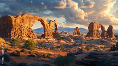 Obraz na płótnie Dramatic desert arches landscape with imposing rock formations at sunset or sunrise w salonie