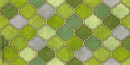 Moroccan Seamless Pattern. Arabic Mosaic Watercolor Ornament. Eid Mubarak Muslim Background. Ramadan Kareem Islamic Illustration. Turkish Mosque Window Shape.