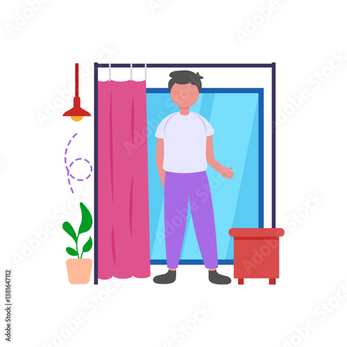Try Clothes in Fitting Room Flat Vector Illustration
