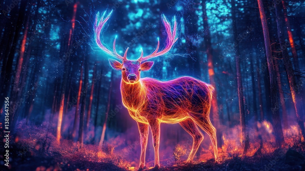 Enchanted Forest Guardian: A Neon Stag Illuminating the Mystical Woodland