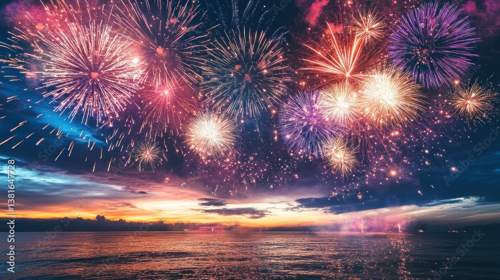 Spectacular fireworks display illuminates the night sky over a tranquil ocean vista