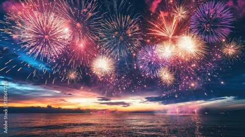 Obraz na płótnie Spectacular fireworks display illuminates the night sky over a tranquil ocean vista w salonie