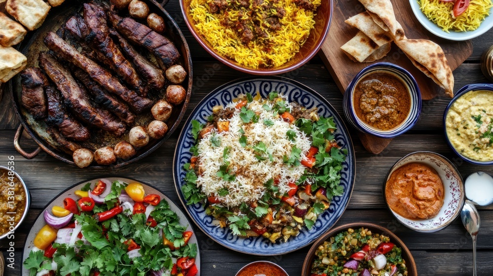 Overhead view of a lavish Eid al-Adha feast with lamb and diverse dishes arrangement