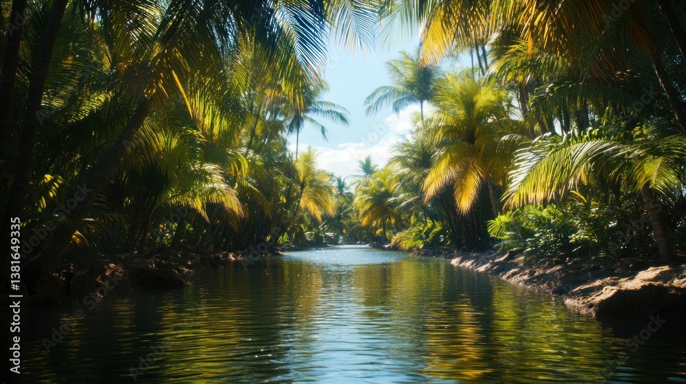 Tranquil tropical waterway lined with flourishing palm trees on a sunny day
