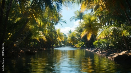 Obraz na płótnie Tranquil tropical waterway lined with flourishing palm trees on a sunny day w salonie