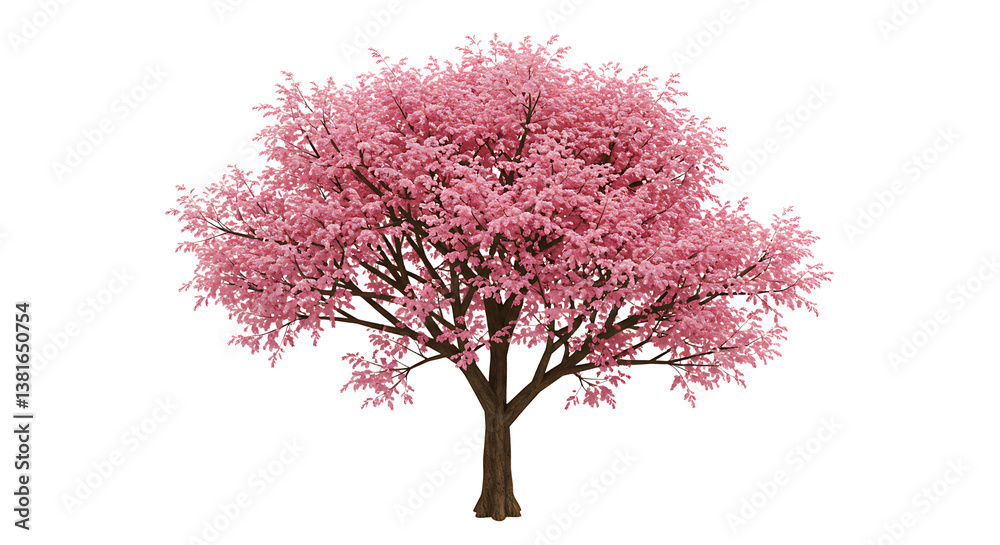 Fototapeta premium Isolated Pink Blossom Tree Growing Tall with Brown Trunk and Branches