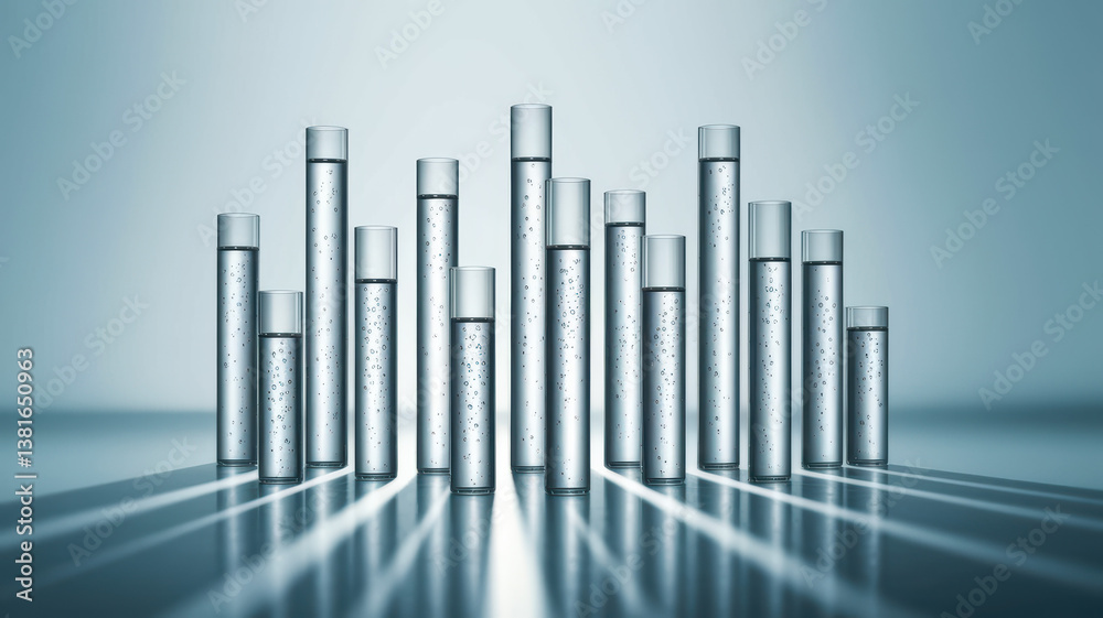 Abstract Composition of Clear Test Tubes with Water and Bubbles, Casting Soft Shadows in a Calming Blue Atmosphere Abstract Composition of Clear Test Tubes with Water and Bubbles, Casting Soft Shadows in a Calming Blue Atmosphere