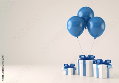 3d rendering of blue balloons flying out from gift boxes with ribbon bow isolated on pastel light background, birthday party concept design banner. 