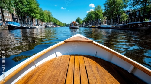 Obraz na płótnie The view from a wooden boat navigating through the canals of Amsterdam reveals lush trees and vibrant buildings under a bright blue sky, epitomizing urban charm and adventure. w salonie