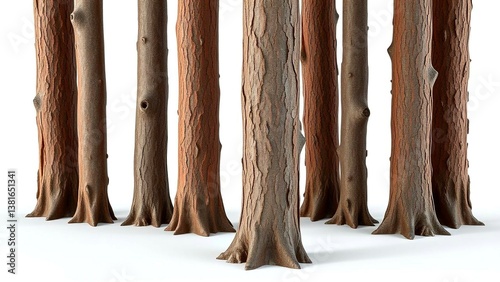 A collection of tree trunks with unique bark textures and a neutral color palette, standing in a simple arrangement against a white background.
